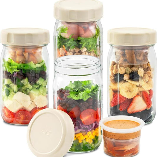 SOLIGT Set of 4 Glass Salad Jars with Lids - Leakproof Meal Prep Containers with Built-In Wet/Dry Separation for Salad Dressing and Dry Ingredients, 32oz Mason Jars for Outdoor Use