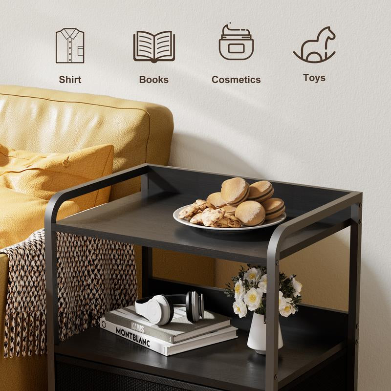 Rustic Brown and Black Nightstand with Open Shelf and Fabric Drawers for Bedroom and Living Room Storage