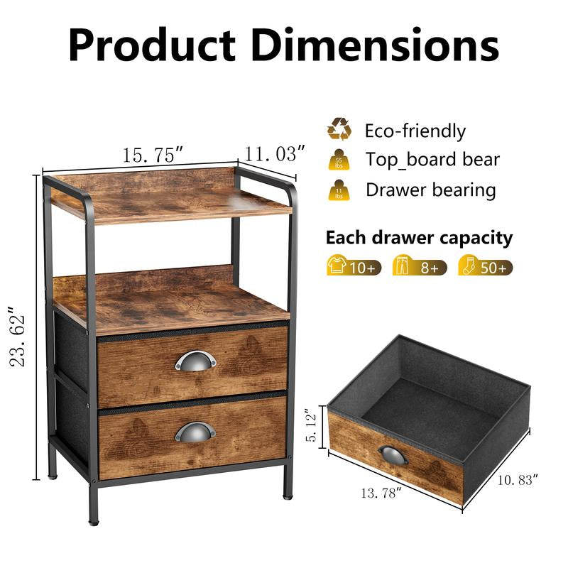 Rustic Brown and Black Nightstand with Open Shelf and Fabric Drawers for Bedroom and Living Room Storage