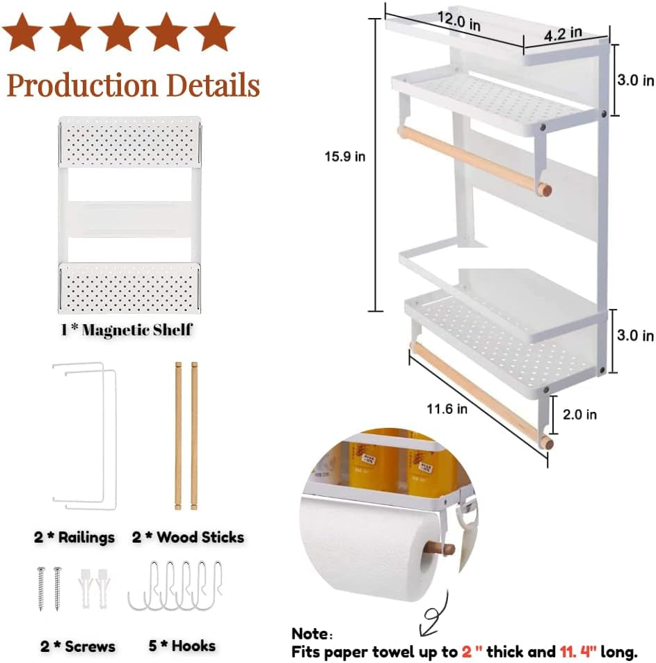 Magnetic 2-Tier Spice Rack and Paper Towel Holder - Premium Kitchen Organizer and Storage Solution for Refrigerators - Large White Design