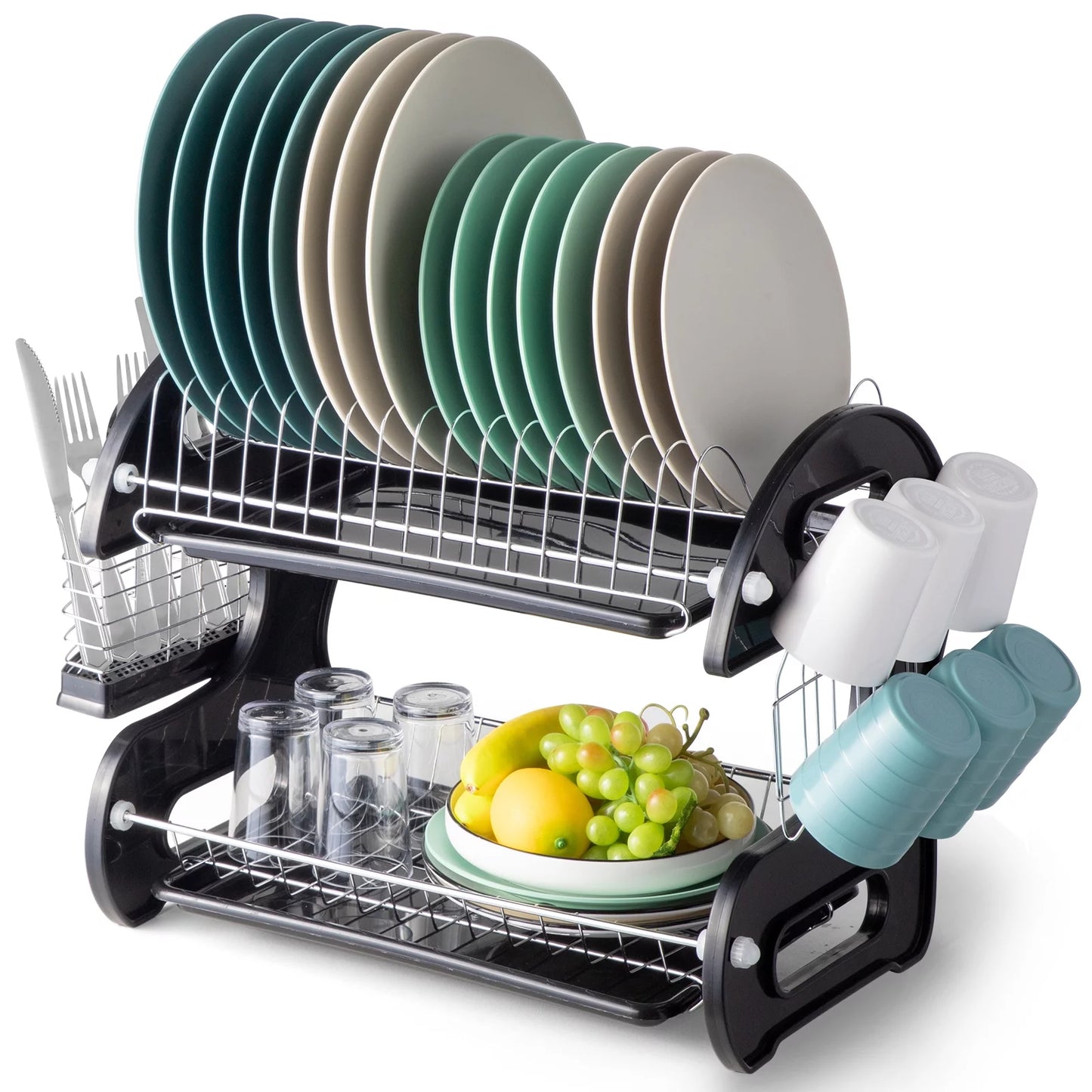 2-Tier Stainless Steel Dish Drainer Drying Rack with Large Capacity for Kitchen Storage - Dimensions: 22.83" L x 11" W x 14.57" H