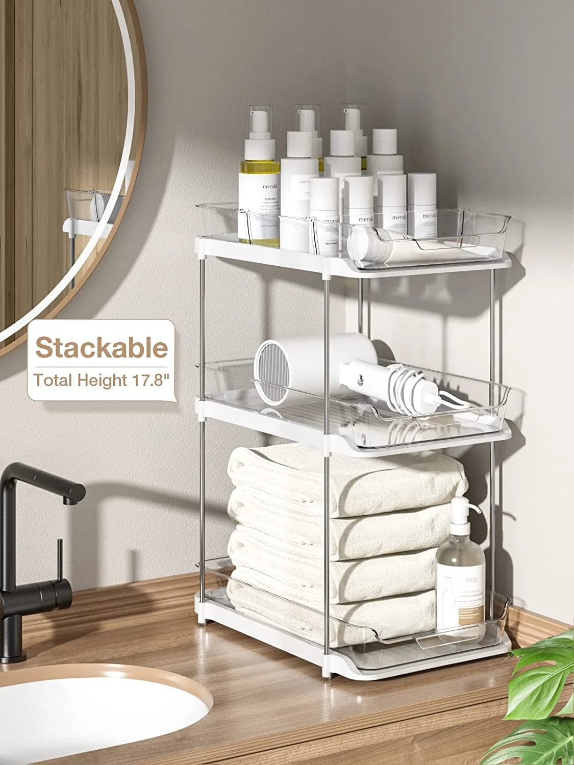 2-Pack Under Sink Organizer Set, 2-Tier Sliding Storage Solution for Bathroom and Kitchen Cabinets, Transparent Design