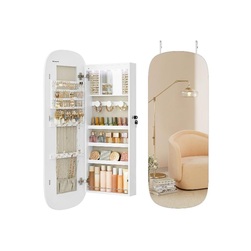 SONGMICS LED Jewelry Cabinet with Lockable Rounded Wide Mirror, Wall or Door Mounted Organizer with Interior Storage
