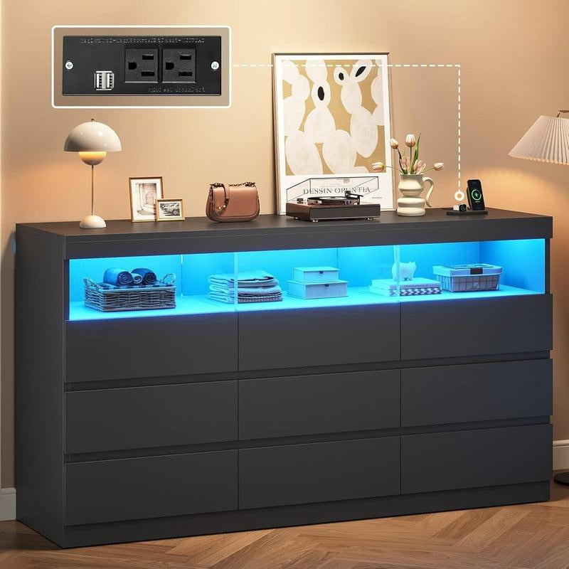 Sikaic Modern Dresser Chest with 9 Handle-Free Drawers and LED RGB Lighting for Bedroom Storage and Organization