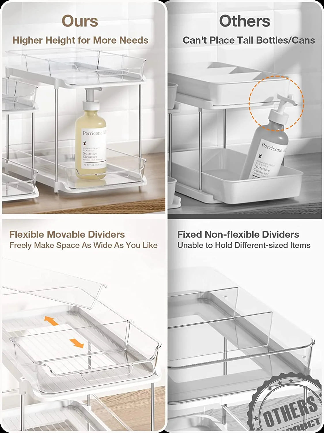 2-Pack Under Sink Organizer Set, 2-Tier Sliding Storage Solution for Bathroom and Kitchen Cabinets, Transparent Design