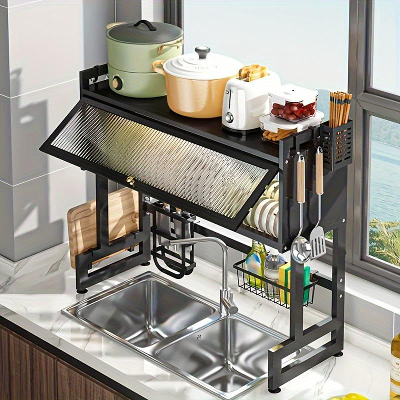 Over-Sink Dish Drying Rack - Versatile Utensil Holder with Knife Slot, Chopstick and Cutlery Drainer, Space-Saving Countertop Organizer for Hygienic Drying and Storage, Includes Protective Cover - Black
