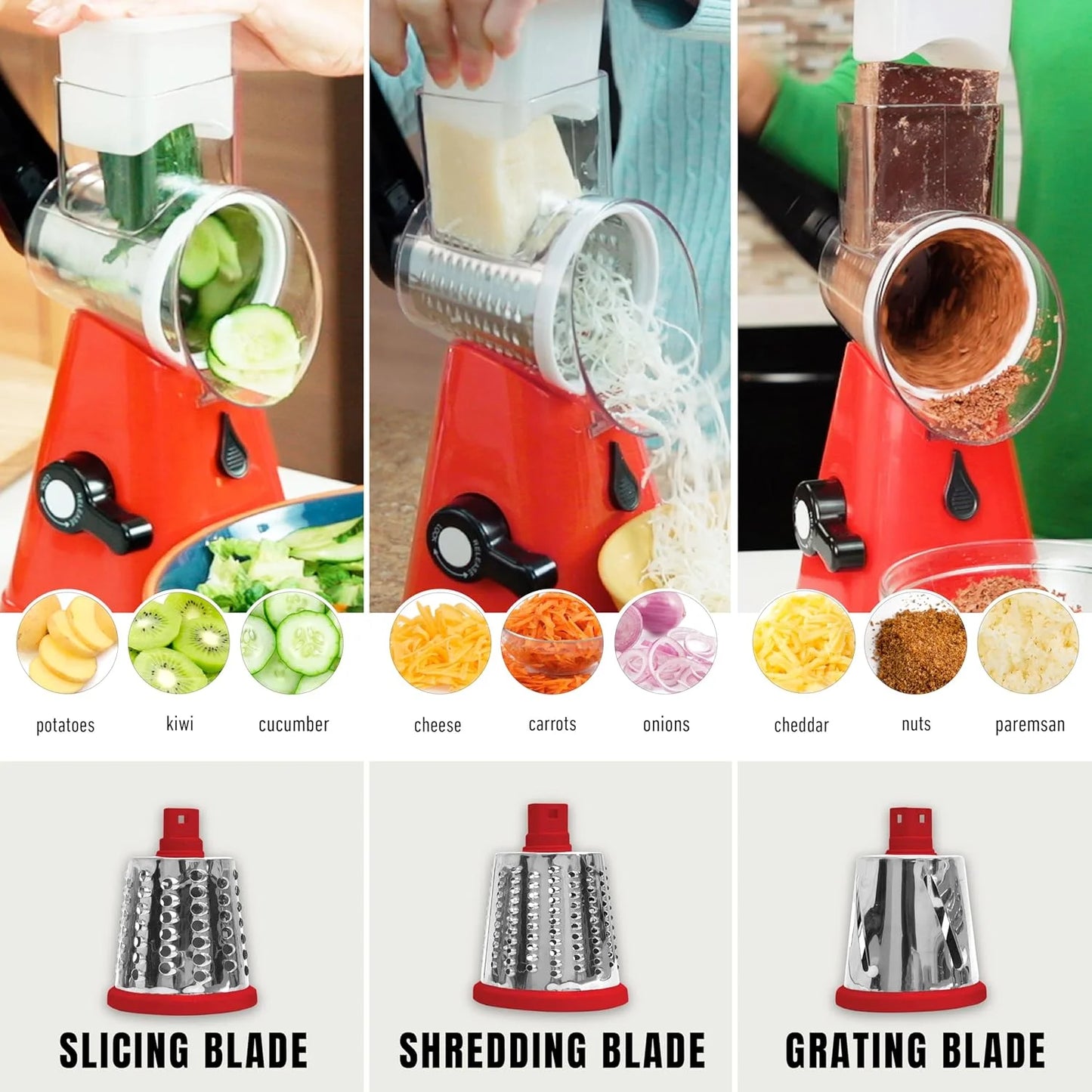 Nutrislicer Adjustable Rotary Cheese Grater and Vegetable Chopper with Slicing and Shredding Features