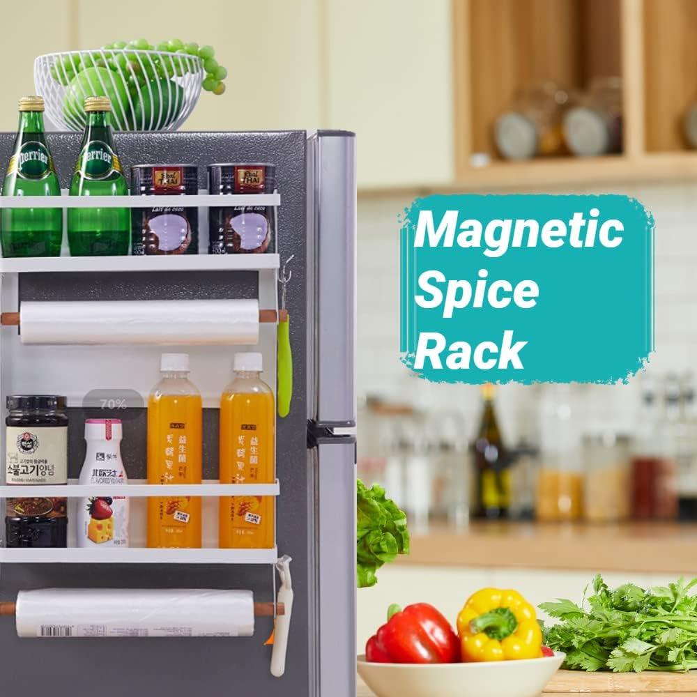Magnetic 2-Tier Spice Rack and Paper Towel Holder - Premium Kitchen Organizer and Storage Solution for Refrigerators - Large White Design