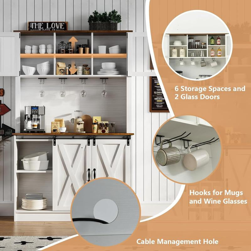 HOMBCK 72-Inch Farmhouse Coffee Bar Cabinet with Glass Doors and 9 Wine Racks for Living Room