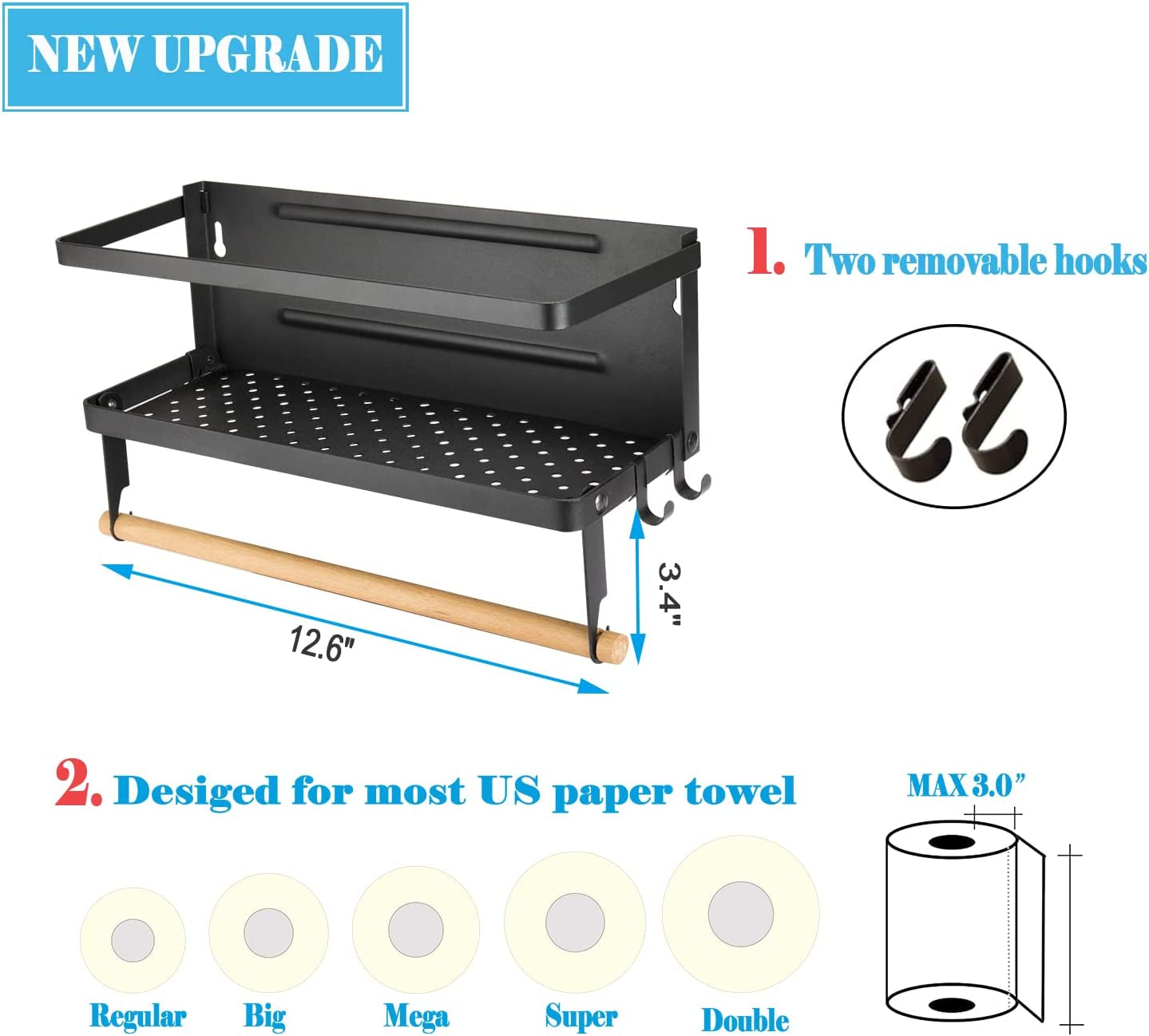 Magnetic Paper Towel Holder and Spice Rack with Hooks, Wall-Mounted Shelf for Refrigerator (Black)