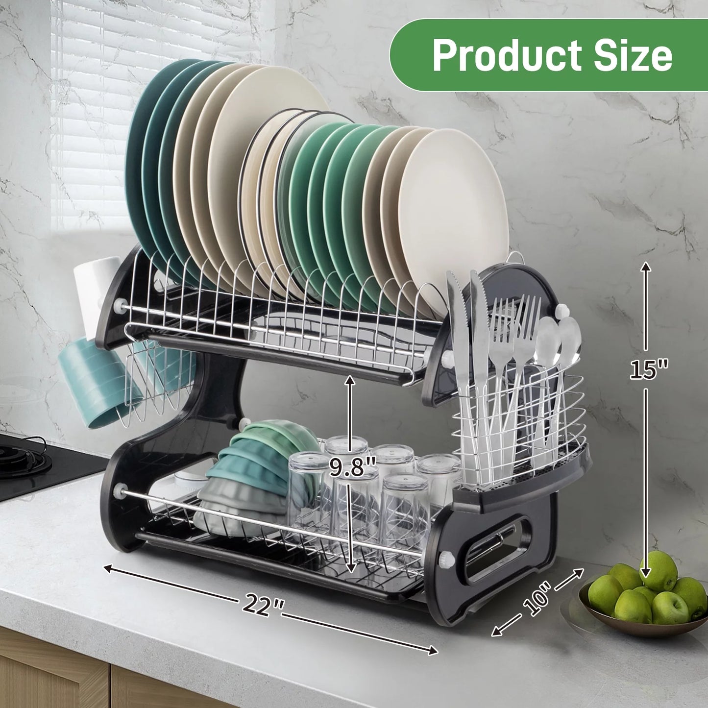 2-Tier Stainless Steel Dish Drainer Drying Rack with Large Capacity for Kitchen Storage - Dimensions: 22.83" L x 11" W x 14.57" H