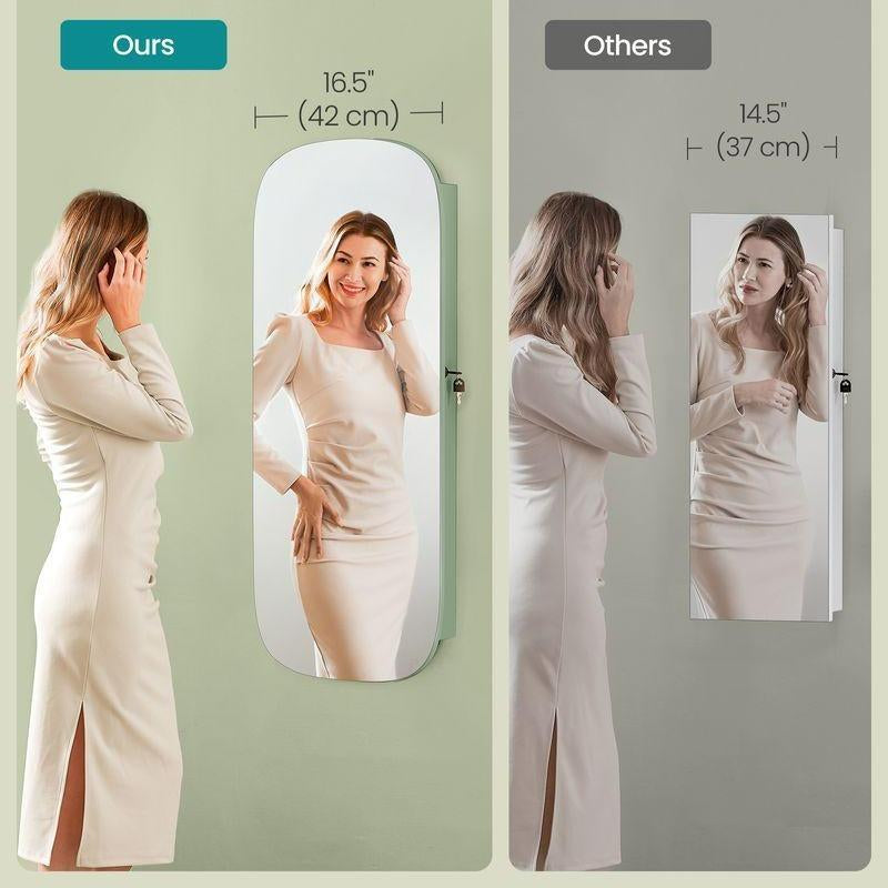 SONGMICS LED Jewelry Cabinet with Lockable Rounded Wide Mirror, Wall or Door Mounted Organizer with Interior Storage