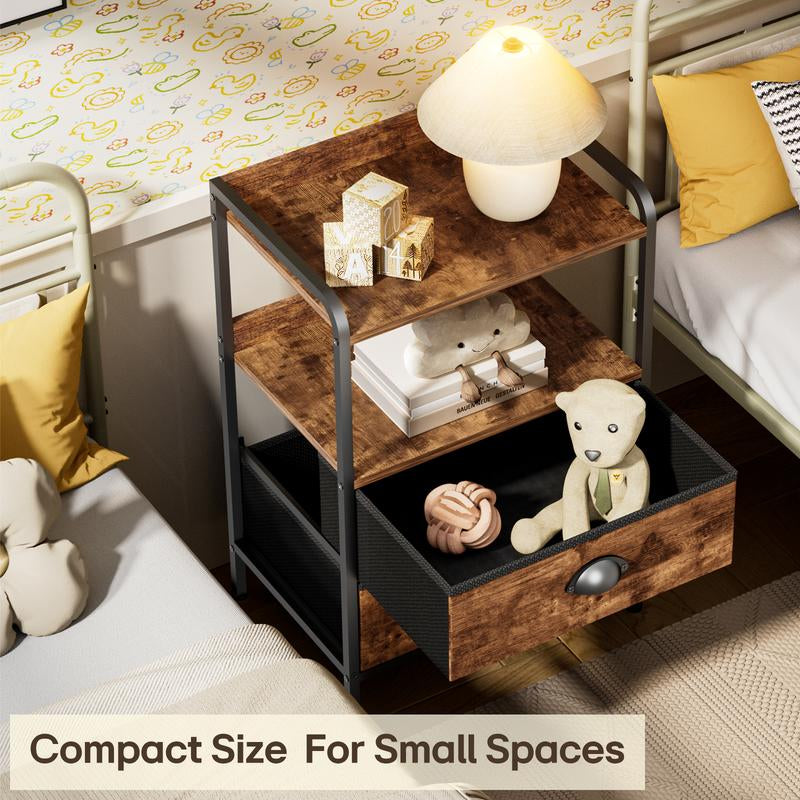 Rustic Brown and Black Nightstand with Open Shelf and Fabric Drawers for Bedroom and Living Room Storage