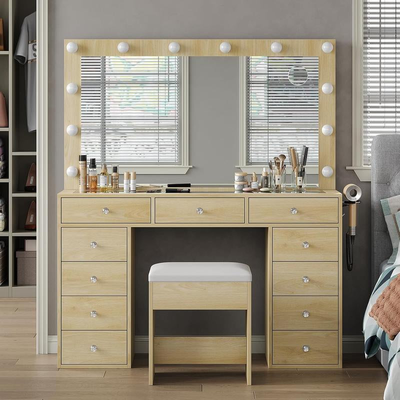 FUSOU 47" Vanity Desk with 11 Drawers, Power Outlet, Mirror, 12 LED Lights, 3 Lighting Modes, Glass Top, and Chair - Ideal Dressing Table for Bedroom and Dressing Room