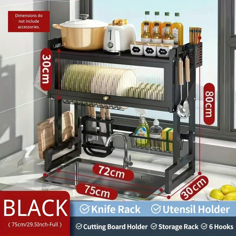 Over-Sink Dish Drying Rack - Versatile Utensil Holder with Knife Slot, Chopstick and Cutlery Drainer, Space-Saving Countertop Organizer for Hygienic Drying and Storage, Includes Protective Cover - Black