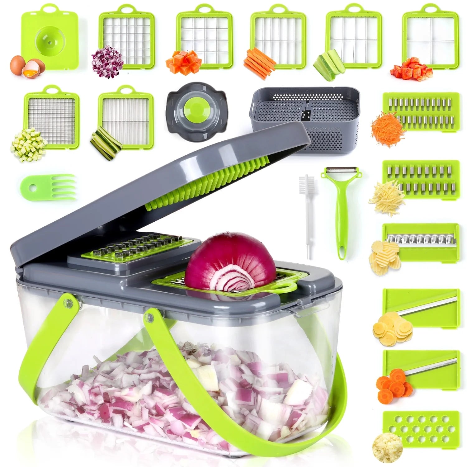 22-in-1 Multifunctional Vegetable Chopper and Dicer with Stainless Steel Blades, Container, and Colander Drain Basket