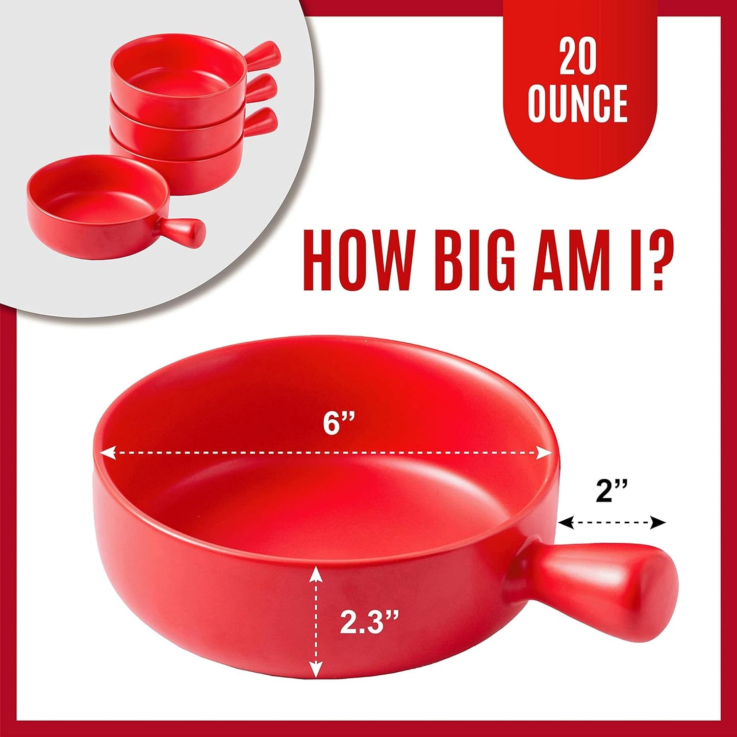 Set of 4 Red 20 Oz Round Flat Porcelain Soup Bowls with Handles for French Onion Soup, Ideal for Kitchen or Dining Table Decor