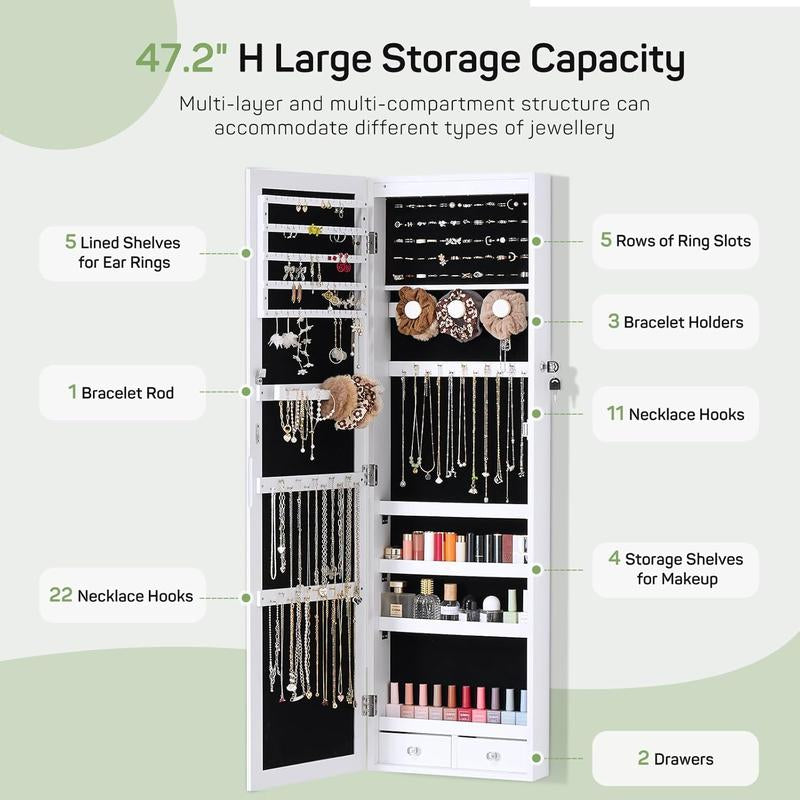 Elegant Full-Length Mirror Jewelry Cabinet with Integrated Makeup Mirror, Versatile Wall or Door Mount Organizer, Secure Lockable Storage with Dual Drawers