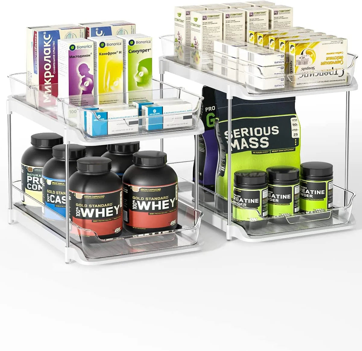 2-Pack Under Sink Organizer Set, 2-Tier Sliding Storage Solution for Bathroom and Kitchen Cabinets, Transparent Design