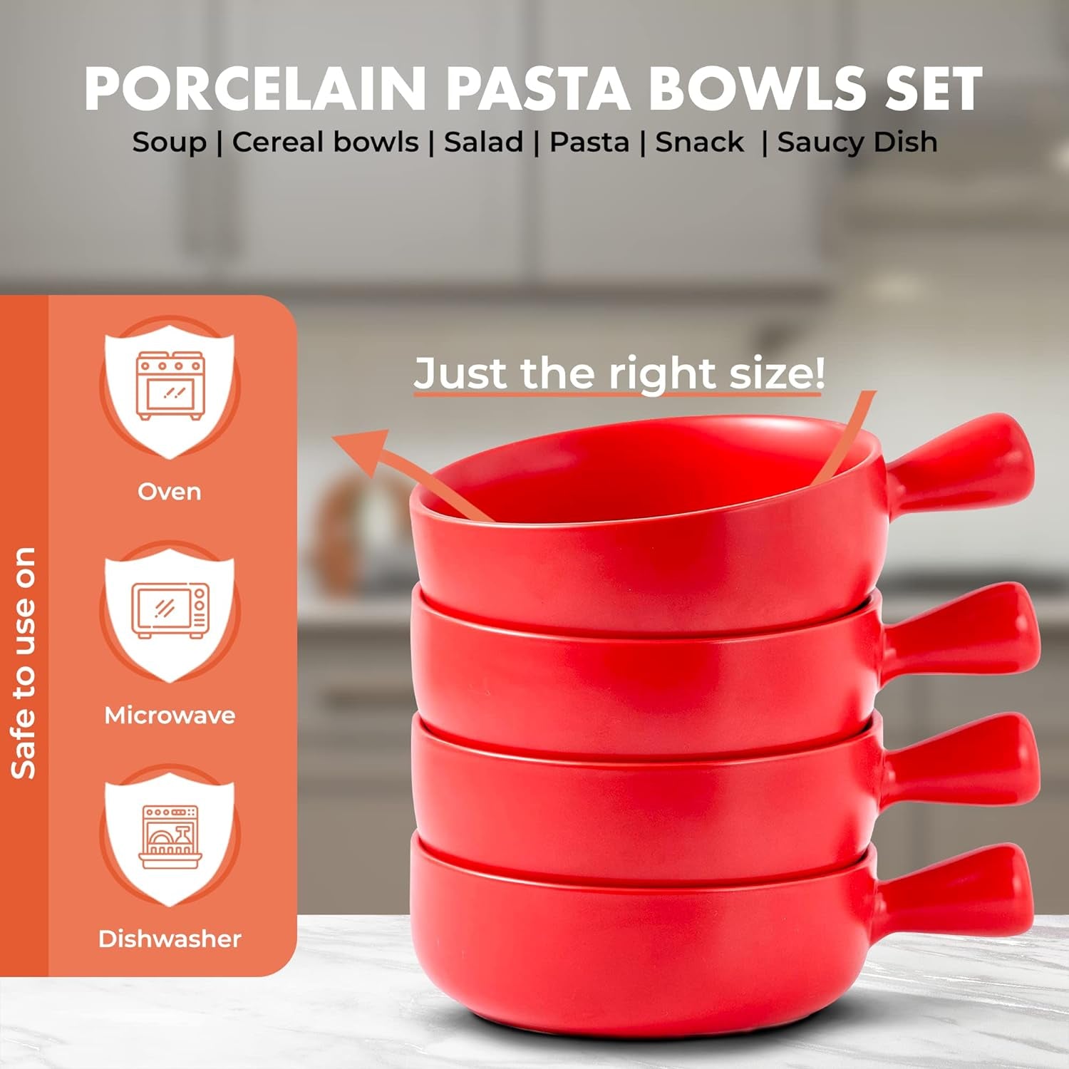 Set of 4 Red 20 Oz Round Flat Porcelain Soup Bowls with Handles for French Onion Soup, Ideal for Kitchen or Dining Table Decor