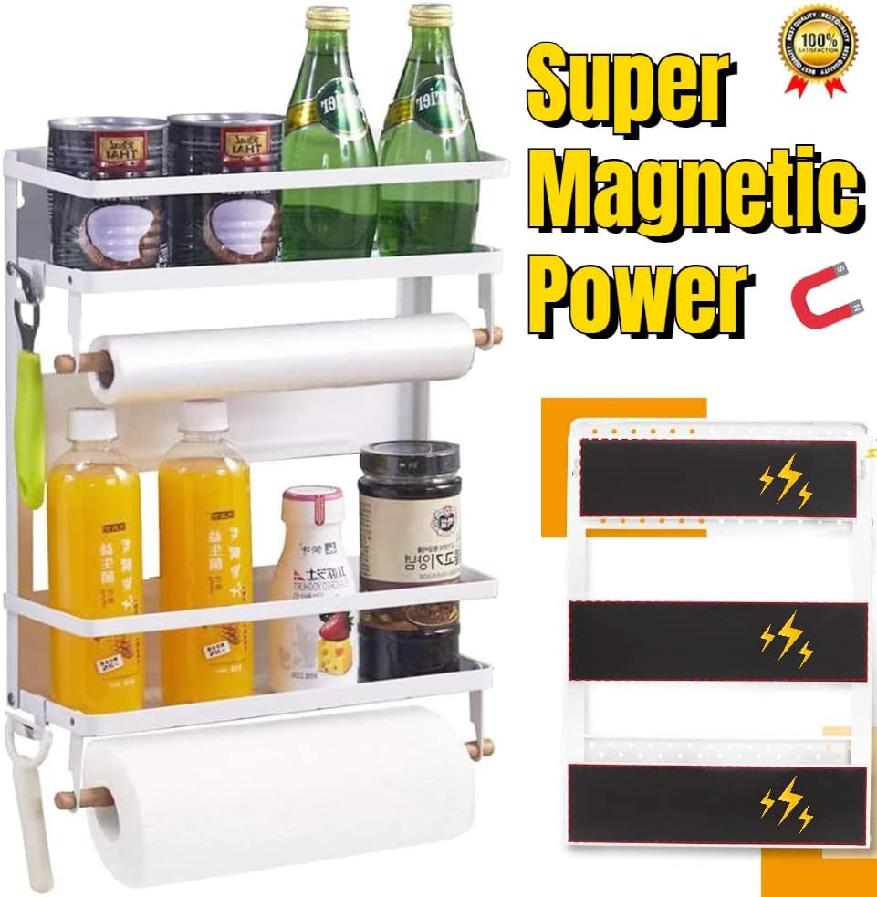Magnetic 2-Tier Spice Rack and Paper Towel Holder - Premium Kitchen Organizer and Storage Solution for Refrigerators - Large White Design