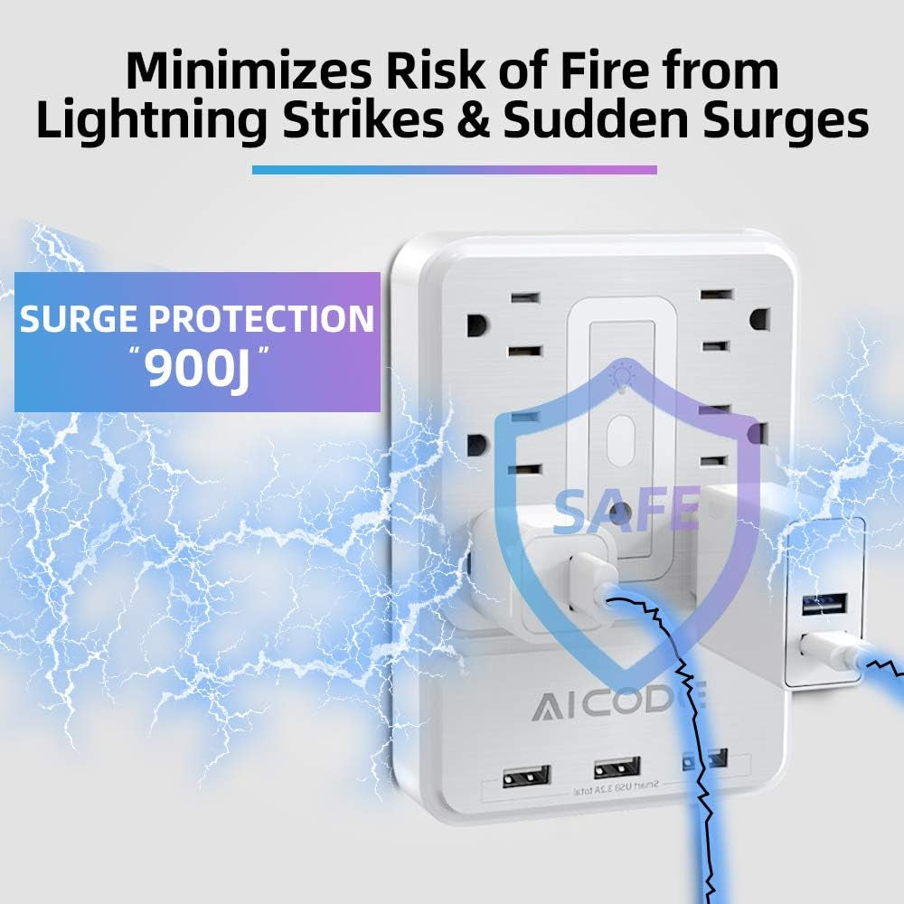 6-Outlet Surge Protector with 3 USB Charging Ports and RGB Ambient Lighting - Versatile Plug Extender for Home, Office, Dorm, and Hotel Use