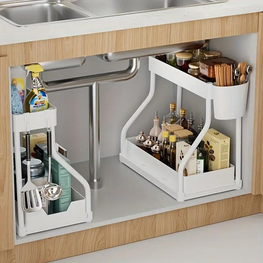 2-Layer Pull-Out Storage Rack with Large Capacity Drawer Organizer for Kitchen and Bathroom, Versatile Cutlery Holder and Home Organizer