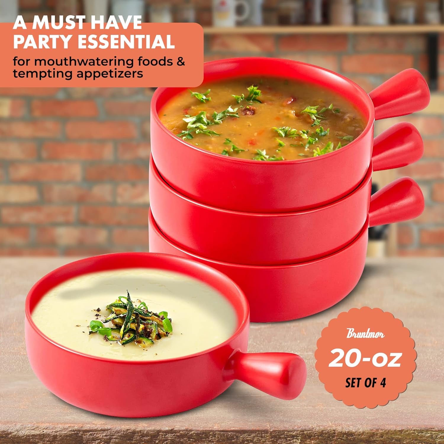 Set of 4 Red 20 Oz Round Flat Porcelain Soup Bowls with Handles for French Onion Soup, Ideal for Kitchen or Dining Table Decor