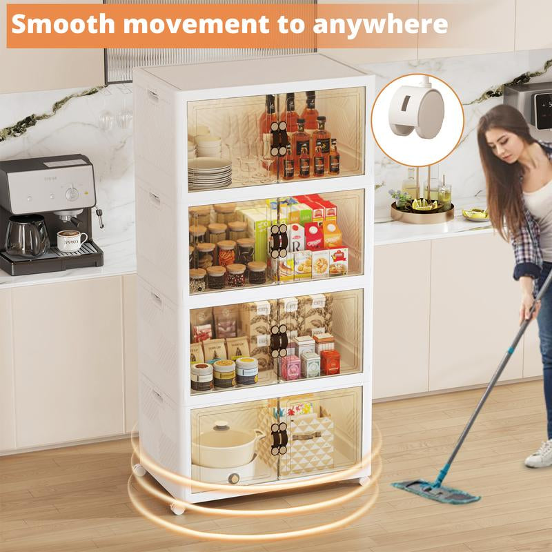 IRONCK XXXL Collapsible Storage Cabinet with Magnetic Transparent Doors and Wheels - Versatile Large Capacity Organizer for Bedroom, Kitchen, and Living Room, No Assembly Required Plastic Storage Solution (High Load-Bearing)