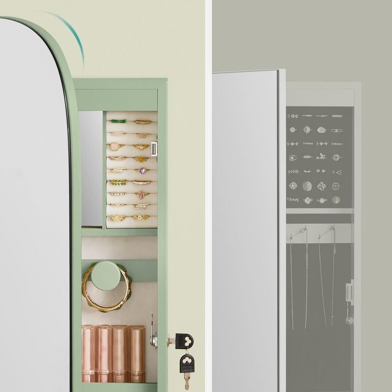SONGMICS LED Jewelry Cabinet with Lockable Rounded Wide Mirror, Wall or Door Mounted Organizer with Interior Storage