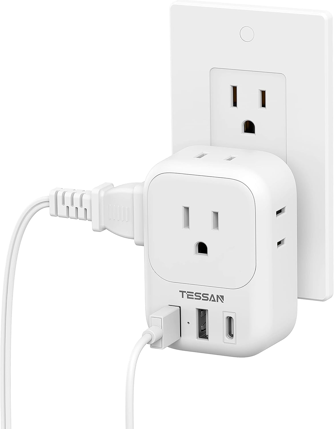 USB Charger Block - Wall Plug Adapter with 4-Outlet Splitter and 3 USB Charging Ports for Travel, Office, and Dorm Use
