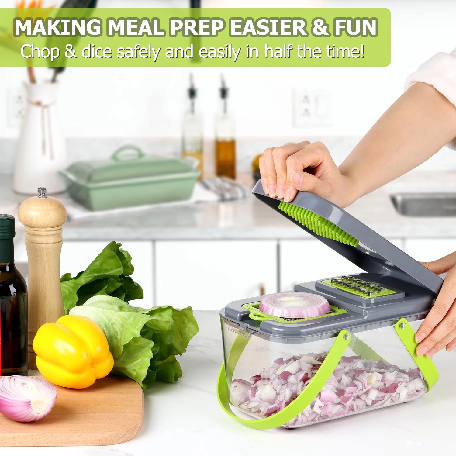 22-in-1 Multifunctional Vegetable Chopper and Dicer with Stainless Steel Blades, Container, and Colander Drain Basket