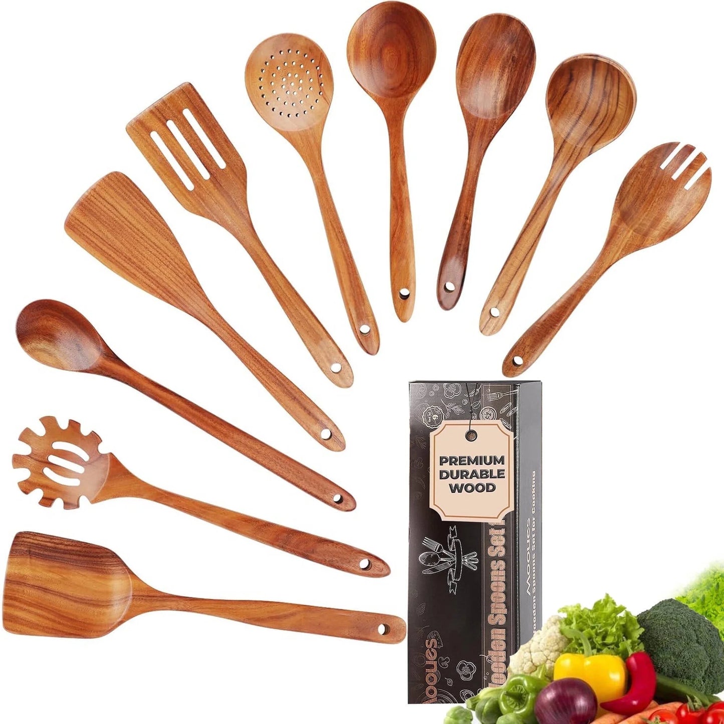 Natural Teak Wooden Cooking Utensil Set, 9-Piece Kitchen Collection with Holder and Spoon Rest, Ideal for Nonstick Pans and Cookware