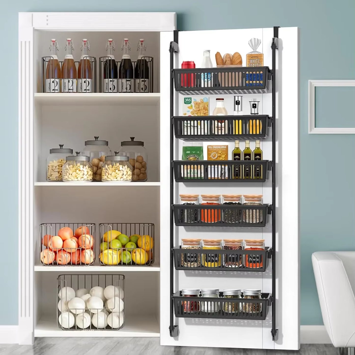 Over-the-Door Pantry Organizer with 6-Tier Adjustable Baskets - Heavy-Duty Metal Wall-Mounted Solution