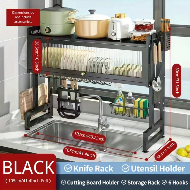 Over-Sink Dish Drying Rack - Versatile Utensil Holder with Knife Slot, Chopstick and Cutlery Drainer, Space-Saving Countertop Organizer for Hygienic Drying and Storage, Includes Protective Cover - Black