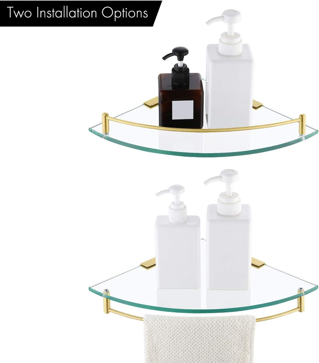 Tempered Glass Corner Shelf with Rail and SUS 304 Stainless Steel Floating Wall Mount Bracket in Brushed Gold, Model BGS2101A-BZ