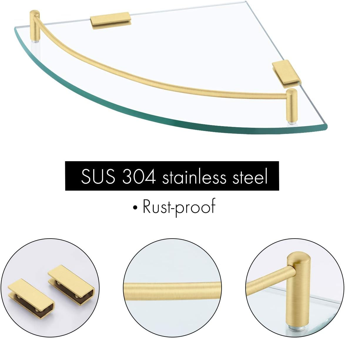 Tempered Glass Corner Shelf with Rail and SUS 304 Stainless Steel Floating Wall Mount Bracket in Brushed Gold, Model BGS2101A-BZ