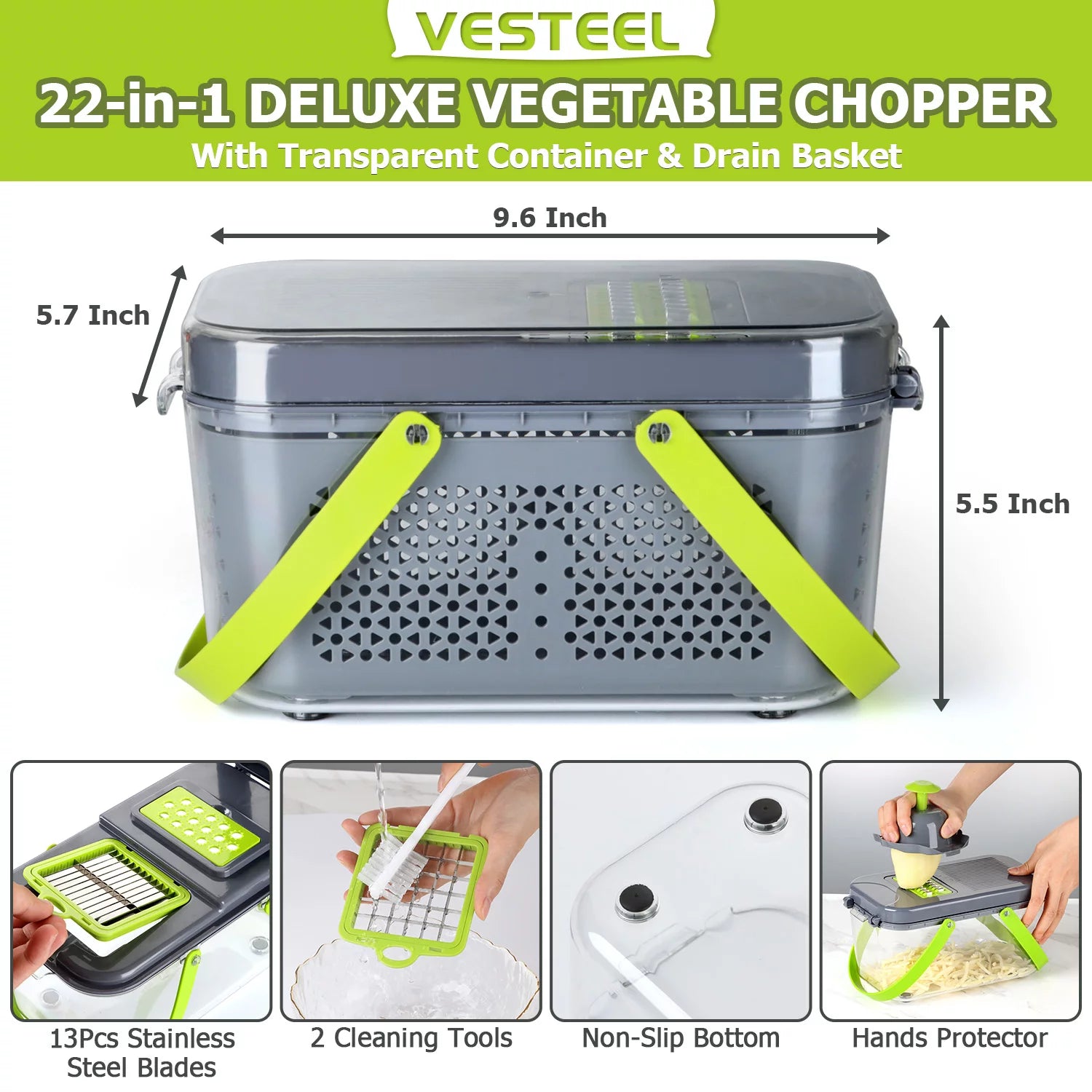 22-in-1 Multifunctional Vegetable Chopper and Dicer with Stainless Steel Blades, Container, and Colander Drain Basket