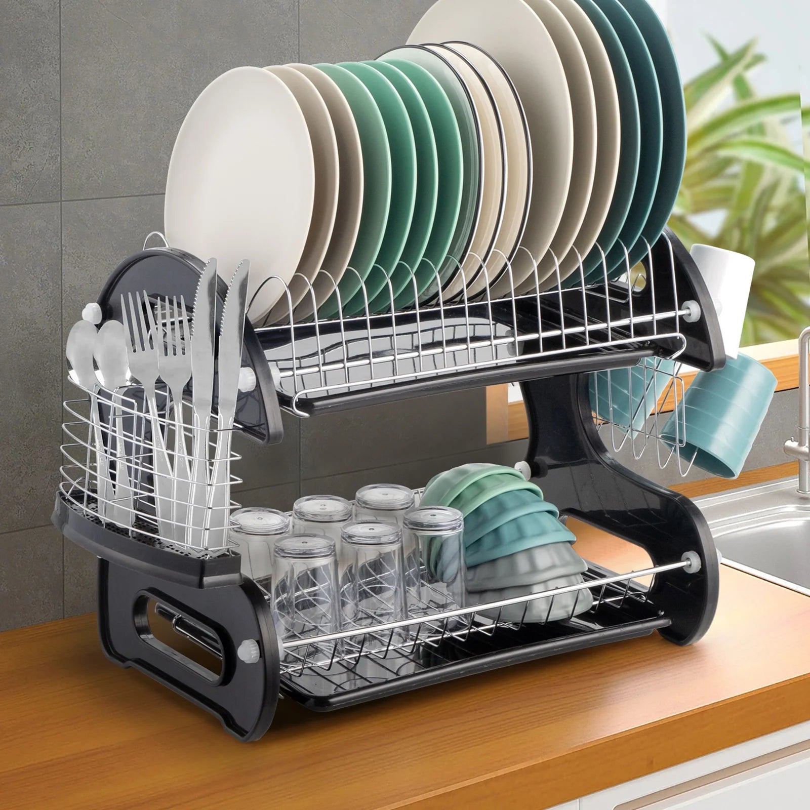 2-Tier Stainless Steel Dish Drainer Drying Rack with Large Capacity for Kitchen Storage - Dimensions: 22.83" L x 11" W x 14.57" H