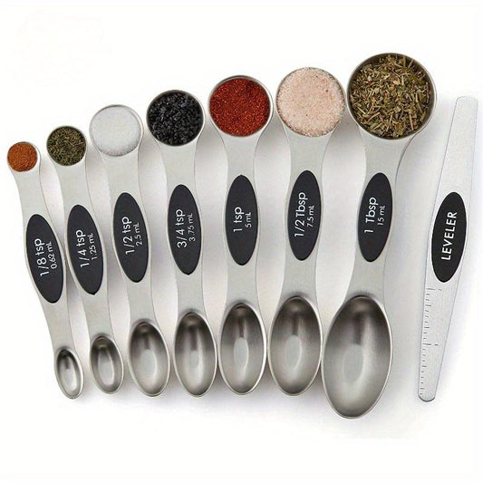 8-Piece Magnetic Measuring Spoon Set for Precise Measurement of Dry and Liquid Ingredients, Double-Sided Stainless Steel Kitchen Scoop Utensils