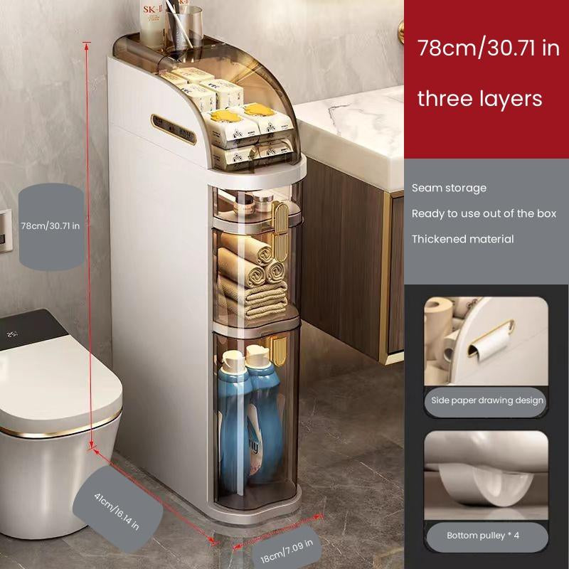 UFORU Ultra-Thin Waterproof Bathroom Storage Organizer with Toilet Paper Holder and Wheels - Modern Minimalist Floor Cabinet for Small Spaces
