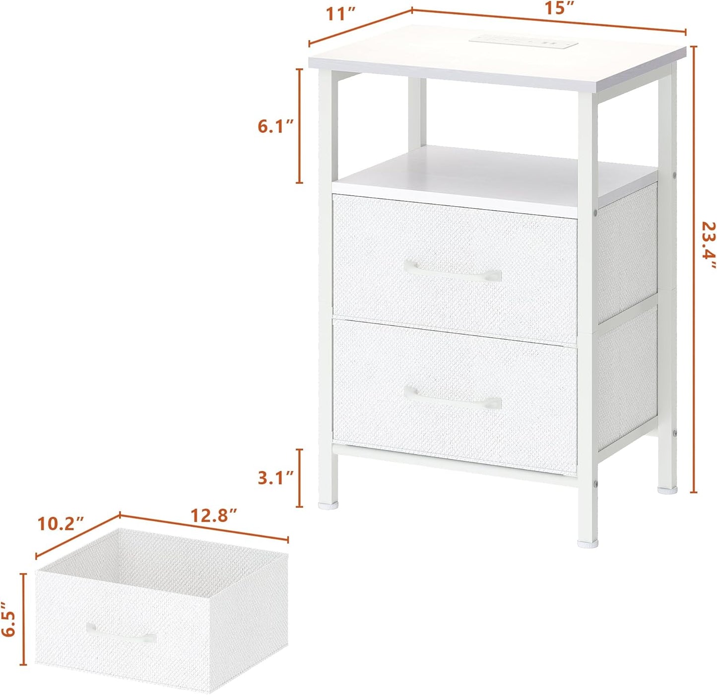 Nightstands Set of 2, Night Stand with Charging Station and Led Lights, Bedside Table with 2 Fabric Drawers for Bedroom, Small Side End Table with Open Shelf, White