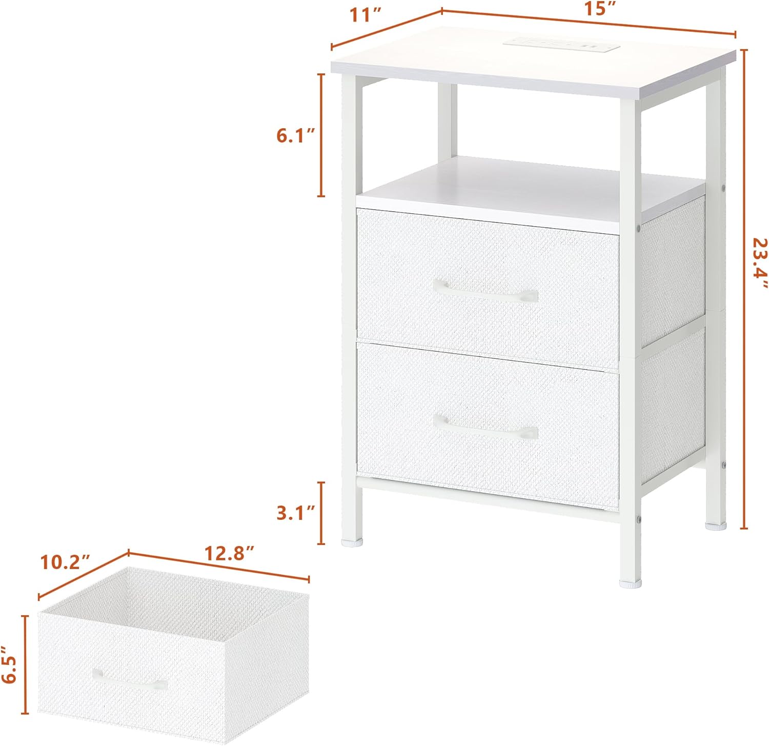 Nightstands Set of 2, Night Stand with Charging Station and Led Lights, Bedside Table with 2 Fabric Drawers for Bedroom, Small Side End Table with Open Shelf, White