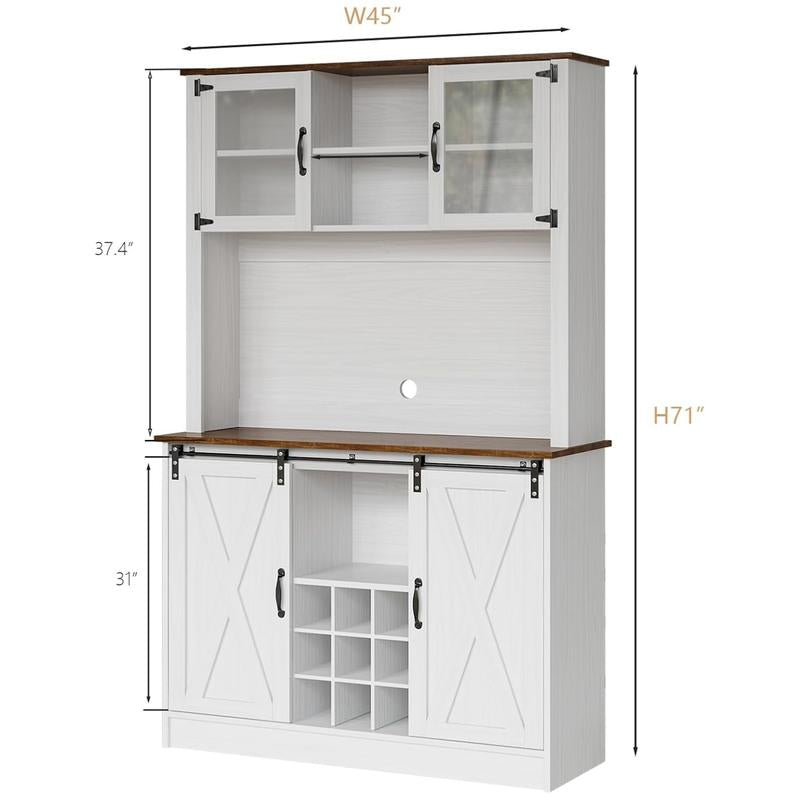 HOMBCK 72-Inch Farmhouse Coffee Bar Cabinet with Glass Doors and 9 Wine Racks for Living Room