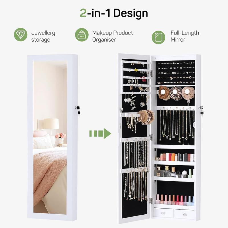 Elegant Full-Length Mirror Jewelry Cabinet with Integrated Makeup Mirror, Versatile Wall or Door Mount Organizer, Secure Lockable Storage with Dual Drawers
