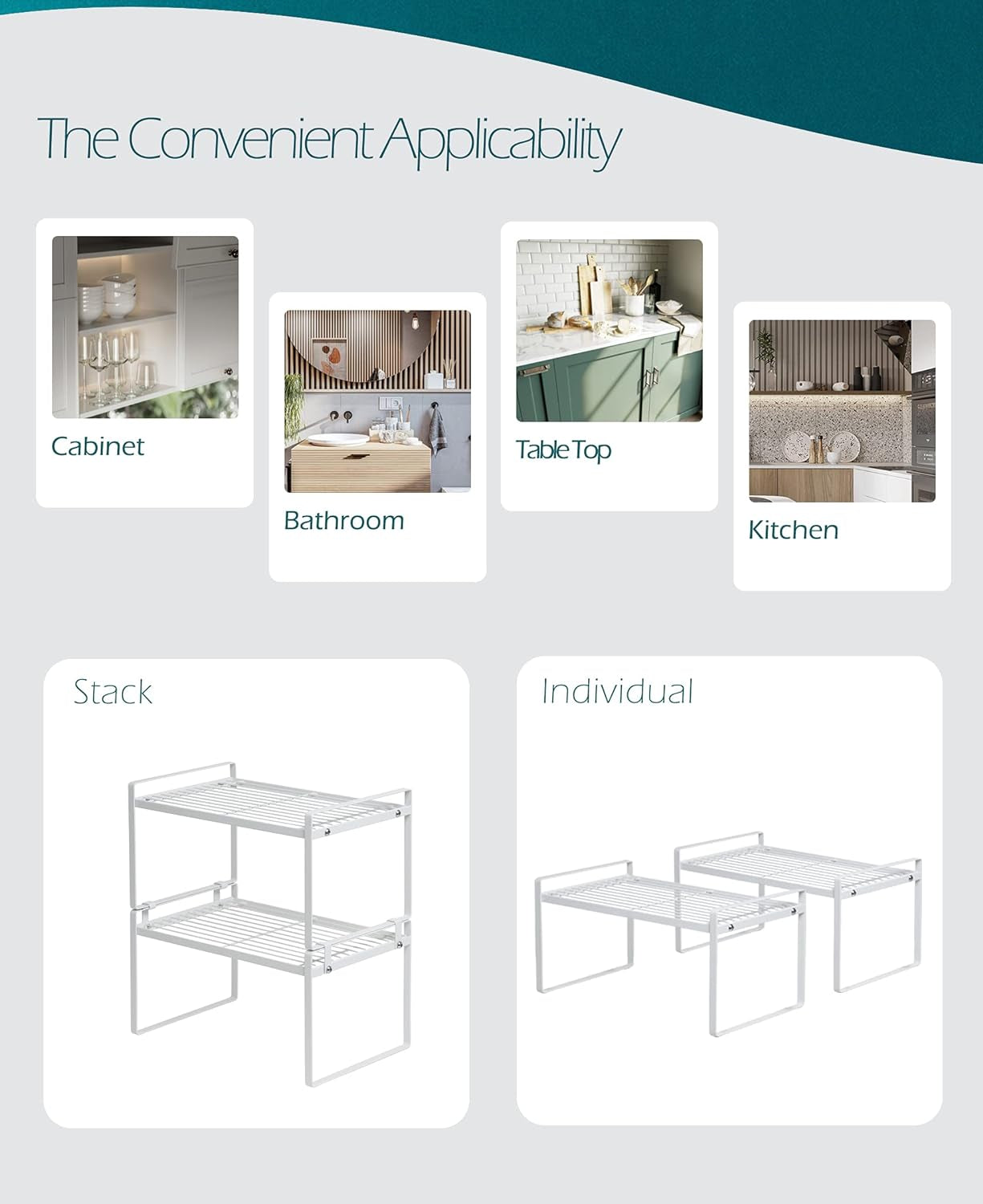 2-Pack Stackable Steel Frame Organizer Racks for Kitchen Cabinets, Pantries, and Office Desks - Rust Resistant and Non-Slip, White Finish