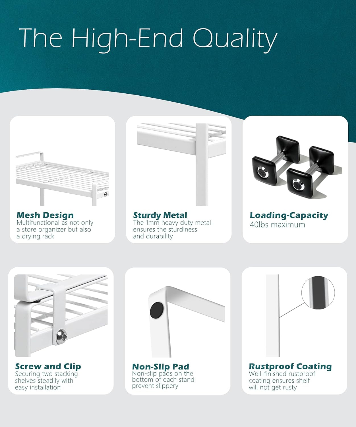 2-Pack Stackable Steel Frame Organizer Racks for Kitchen Cabinets, Pantries, and Office Desks - Rust Resistant and Non-Slip, White Finish