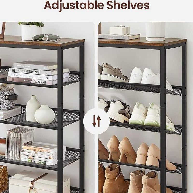 SONGMICS Home Entryway Shoe Rack - Free Standing Shoe Organizer with Sturdy Wooden Top and Steel Frame, Accommodates 16-20 Pairs, Industrial Design