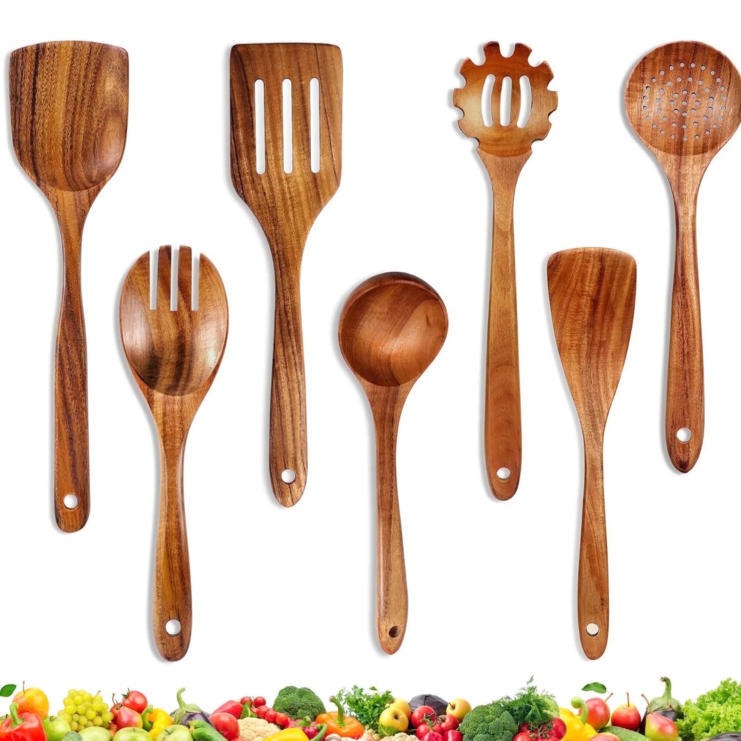 Natural Teak Wooden Cooking Utensil Set, 9-Piece Kitchen Collection with Holder and Spoon Rest, Ideal for Nonstick Pans and Cookware