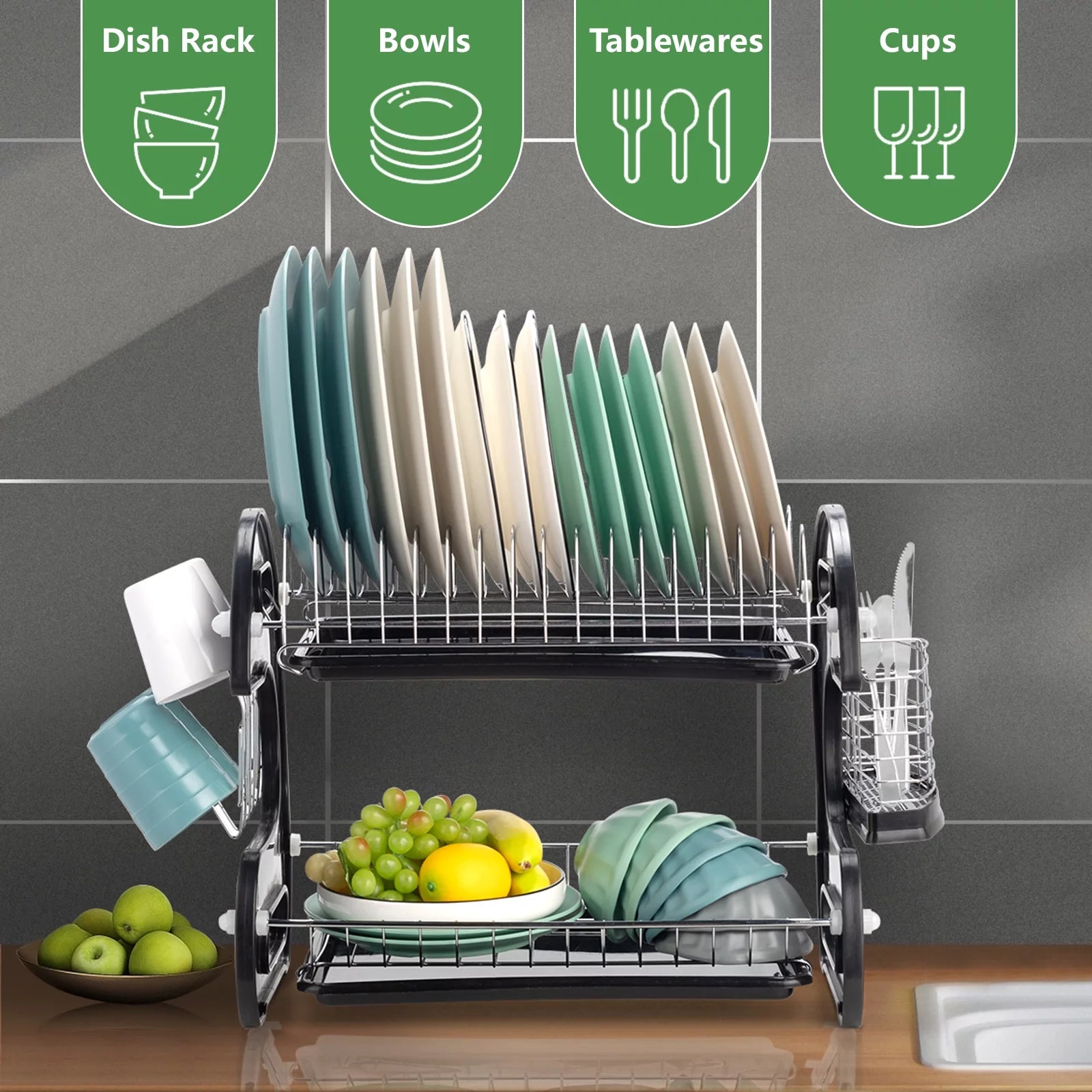 2-Tier Stainless Steel Dish Drainer Drying Rack with Large Capacity for Kitchen Storage - Dimensions: 22.83" L x 11" W x 14.57" H